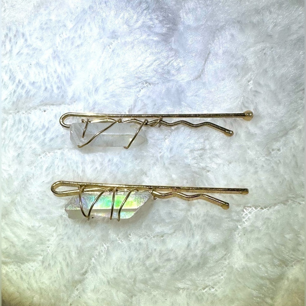 Clear Quartz w/ Rainbow Aura Wire Wrapped Hairpin Set Handmade Craft Bohemian